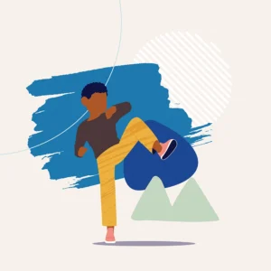 Illustration of active person mid-motion, with bold colors and abstract shapes.