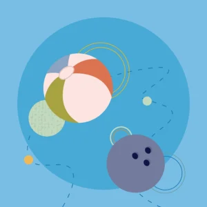 Abstract illustration featuring beach ball and bowling ball with playful shapes and motion lines on blue background.