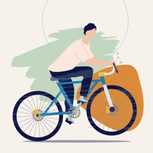 Illustration of person riding bicycle with colorful abstract background and dynamic lines.