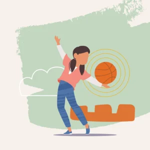Illustration of girl playing basketball with energetic pose and abstract colorful background.