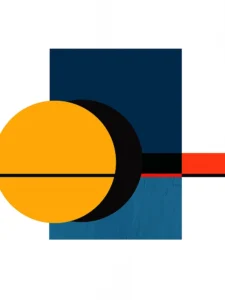 Bold geometric composition with a gold, deep blues, and accents of black and red.