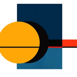 Bold geometric composition with a gold, deep blues, and accents of black and red.