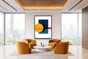 Bold geometric composition with a gold, deep blues, and accents of black and red.