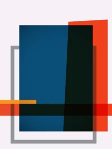 Bold geometric composition with a red, deep blues, and accents of black and gold.