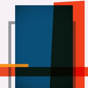 Bold geometric composition with a red, deep blues, and accents of black and gold.