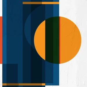 Bold geometric composition with a gold, deep blues, and accents of black and red.