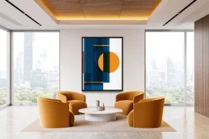 Bold geometric composition with a gold, deep blues, and accents of black and red.