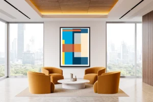 Color-blocked abstract with intersecting rectangles in blue, orange, yellow, and cream tones, creating a vibrant geometric balance.