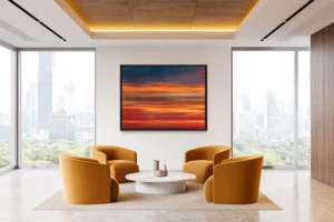 Radiant bands of orange, gold, and deep blue evoke the glow and motion of a dramatic sunset horizon.