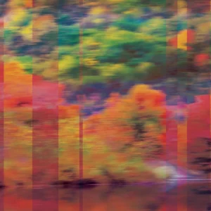 Vibrant abstract of autumn foliage reflected on water, layered with vertical translucent stripes for a dynamic, painterly effect.
