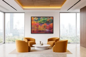 Vibrant abstract of autumn foliage reflected on water, layered with vertical translucent stripes for a dynamic, painterly effect.