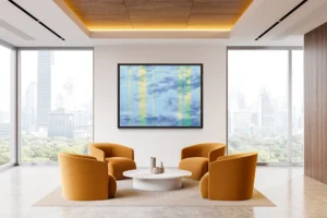 Soft blue and green abstract with vertical translucent stripes, evoking reflections of sky and light on water.