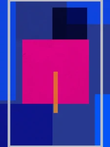 Bold geometric composition featuring vibrant magenta, layered blues, and a vertical orange accent.