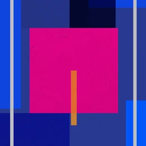 Bold geometric composition featuring vibrant magenta, layered blues, and a vertical orange accent.