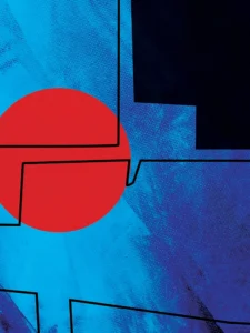 A striking contrast of bold red and deep blue with black accents with a textured finish.