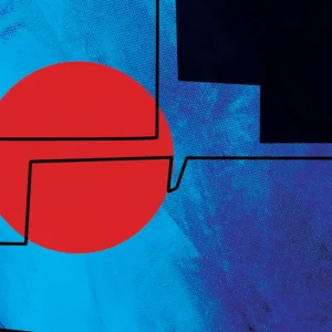 A striking contrast of bold red and deep blue with black accents with a textured finish.