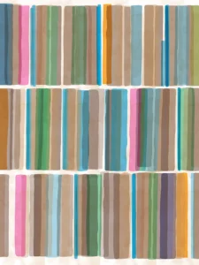 A rhythmic arrangement of soft, vertical color bands in earthy tones, punctuated by pinks, blues, and yellows.