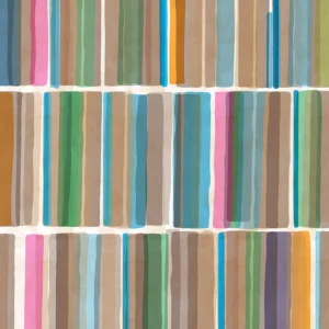 A rhythmic arrangement of soft, vertical color bands in earthy tones, punctuated by pinks, blues, and yellows.
