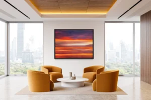 Radiant bands of orange, gold, and deep blue evoke the glow and motion of a dramatic sunset horizon.