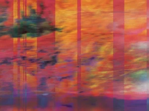 Vibrant abstract of autumn foliage reflected on water, layered with vertical translucent stripes for a dynamic, painterly effect.