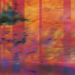 Vibrant abstract of autumn foliage reflected on water, layered with vertical translucent stripes for a dynamic, painterly effect.