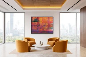Vibrant abstract of autumn foliage reflected on water, layered with vertical translucent stripes for a dynamic, painterly effect.