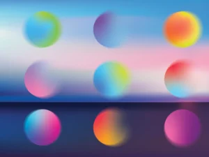 Colorful gradient spheres float above mirrored reflections in a soft, dreamy pastel landscape.
