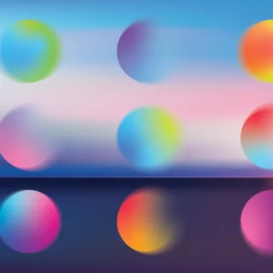 Colorful gradient spheres float above mirrored reflections in a soft, dreamy pastel landscape.
