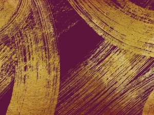 Bold gold brushstrokes sweep across a deep burgundy backdrop, creating a textured, modern composition.