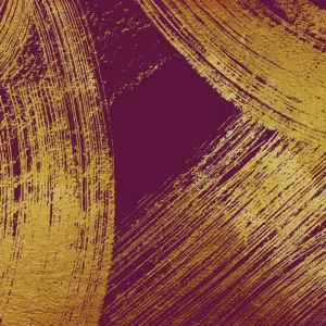 Bold gold brushstrokes sweep across a deep burgundy backdrop, creating a textured, modern composition.