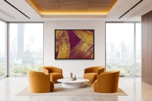 Bold gold brushstrokes sweep across a deep burgundy backdrop, creating a textured, modern composition.