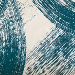 Bold blue brushstrokes sweep across a deep neutral backdrop, creating a textured, modern composition.