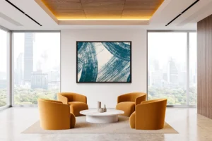 Bold blue brushstrokes sweep across a deep neutral backdrop, creating a textured, modern composition.