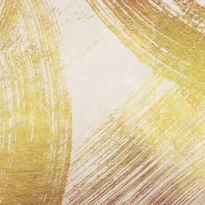 Bold gold brushstrokes sweep across a neutral backdrop, creating a textured, modern composition.