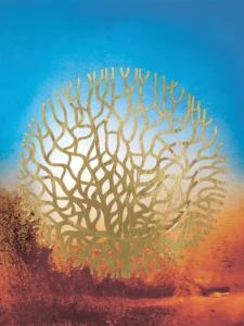 Golden branching sphere over a vibrant sky and earthy terrain.