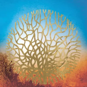 Golden branching sphere over a vibrant sky and earthy terrain.