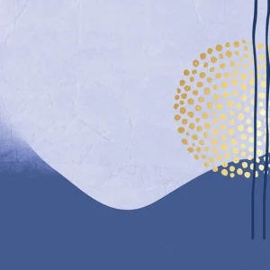 Soft indigo waves, golden dots, and vertical lines create a calm, modern composition.