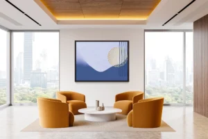 Soft indigo waves, golden dots, and vertical lines create a calm, modern composition.