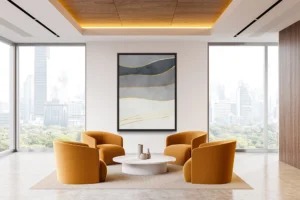 Flowing neutral tones divided by elegant gold lines, evoking calm balance.