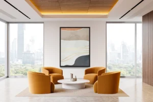 Flowing neutral tones divided by elegant gold lines, evoking calm balance.