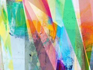 A vibrant abstract combining bold brushstrokes and layered geometric shapes in bright, overlapping colors.