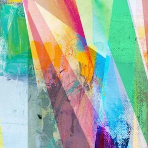 A vibrant abstract combining bold brushstrokes and layered geometric shapes in bright, overlapping colors.
