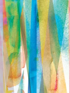 A vibrant abstract combining bold brushstrokes and layered geometric shapes in bright, overlapping colors.