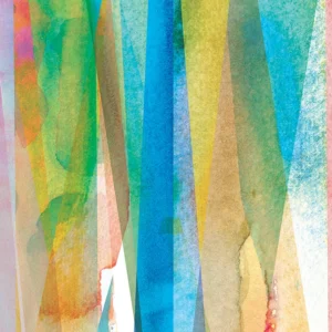 A vibrant abstract combining bold brushstrokes and layered geometric shapes in bright, overlapping colors.