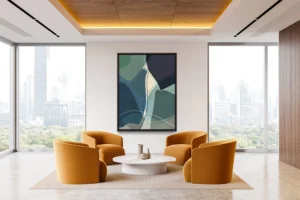 Soft, overlapping rock forms in blue tones flow together, creating a serene and airy abstract composition.