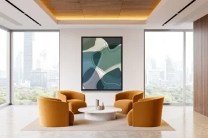 Soft, overlapping rock forms in blue tones flow together, creating a serene and airy abstract composition.