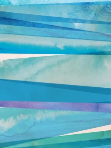 Textural elements and linear strokes in varying blue tones build visual complexity.