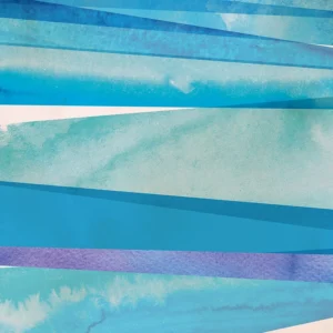 Textural elements and linear strokes in varying blue tones build visual complexity.