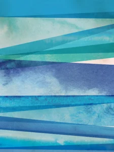 Textural elements and linear strokes in varying blue tones build visual complexity.