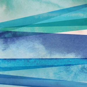 Textural elements and linear strokes in varying blue tones build visual complexity.